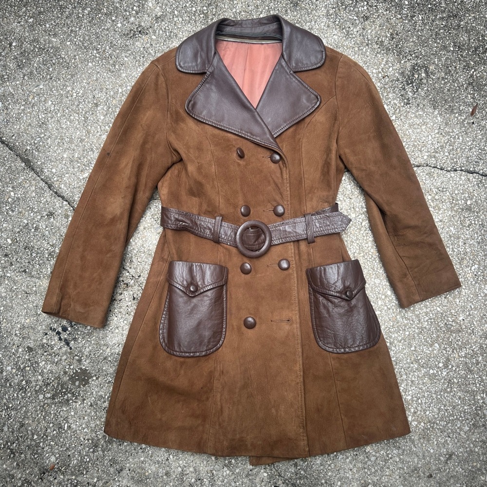 Vintage 70s Brown Suede Leather Trench Coat Belted Double Breasted Size 11